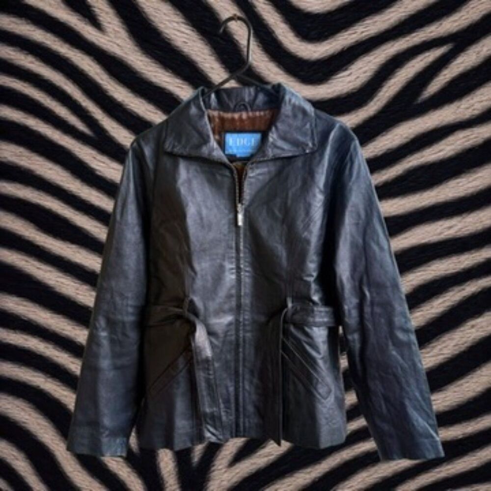 Edge Italian Fashions Women's Black Leather Jacket with Belt Size M